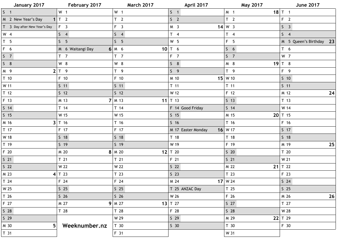 2017 calendar with week numbers and holidays for New Zealand … official