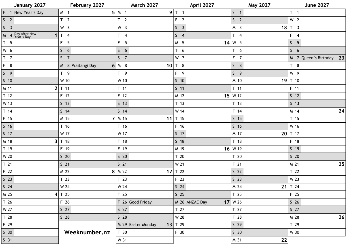 2027 calendar with week numbers and holidays for New Zealand … official