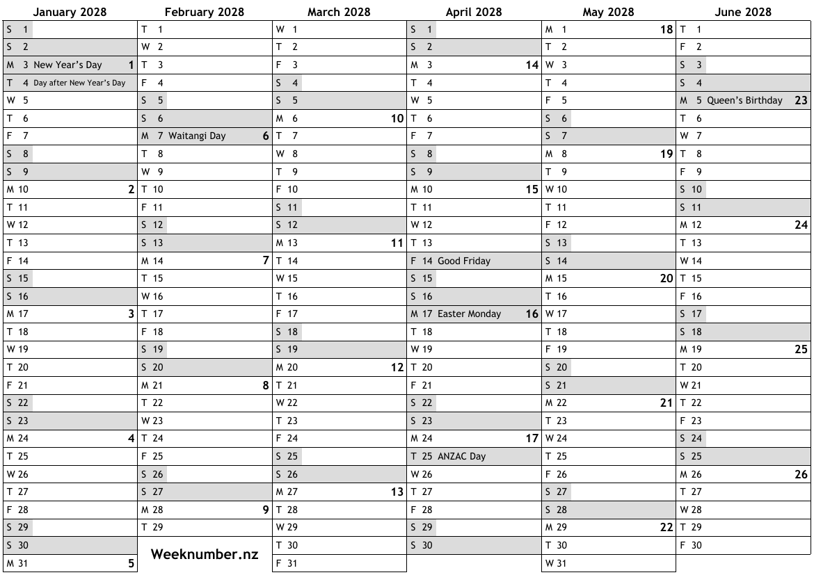 2028 calendar with week numbers and holidays for New Zealand … official